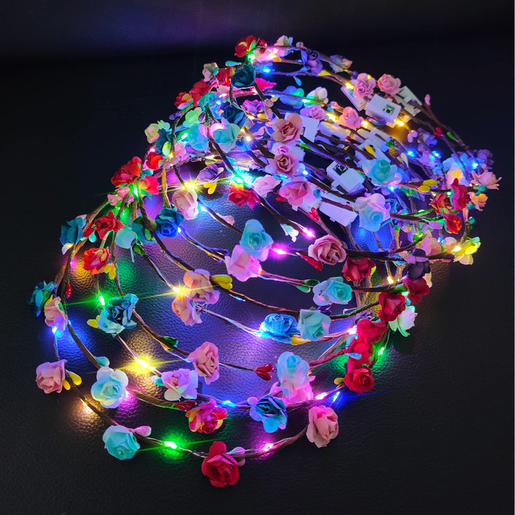PTHTECHUS 12 Pack LED Flower Headband Crown Halloween Glow in The Dark Party Supplies Wreath Headdress for Men Women Hai