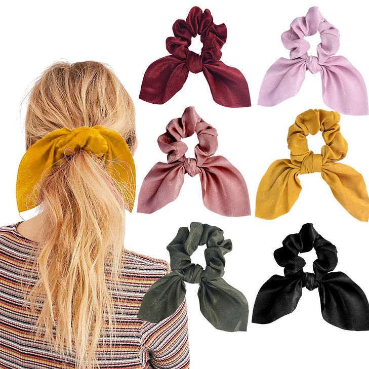6PCS Hair Scrunchies Satin SilkRabbit Bunny Ear Bow Bowknot Scrunchie Bobbles Elastic Hair Ties Bands Ponytail Holder fo