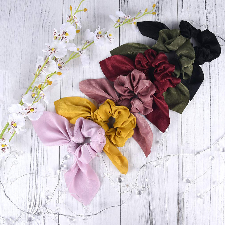 6PCS Hair Scrunchies Satin SilkRabbit Bunny Ear Bow Bowknot Scrunchie Bobbles Elastic Hair Ties Bands Ponytail Holder fo