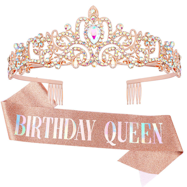 COCIDE Birthday Queen Tiara Crown Set Silver Rose Gold Tiara Sash Rhinestone Headband Glitter Sash for Women Girls Parti