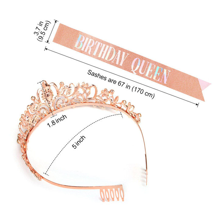 COCIDE Birthday Queen Tiara Crown Set Silver Rose Gold Tiara Sash Rhinestone Headband Glitter Sash for Women Girls Parti