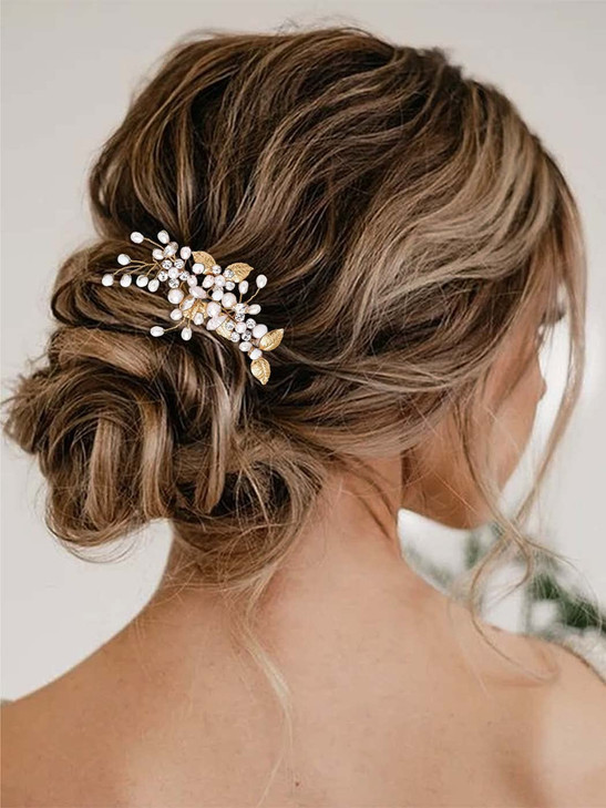 Catery Pearl Wedding Headband Gold Bridal Leaf Hair Piece Rhinestones Flower Hair Accessories for Women and BridesGold