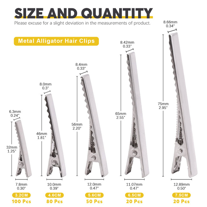Mardatt 270Pcs 5 Sizes Alligator Hair Clips Bulk Silver Single Prong Hair Clips For Bows Making Hair Pins For Sectioning