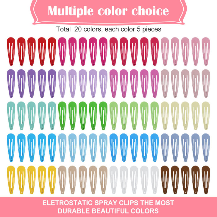 Sublaga 100Pcs Snap Hair Clips 2 Inch Bend Metal Barrettes 20 Assorted Colors No Slip Cute Solid Candy Color Hair Access
