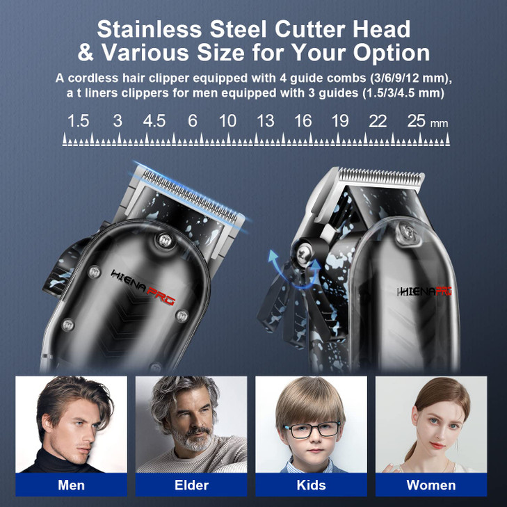 HIENA PRO Hair Clippers for Men Professional Cordless Rechargeable T Liner Trimmer Set Barber Hair Cutting Kit With LED