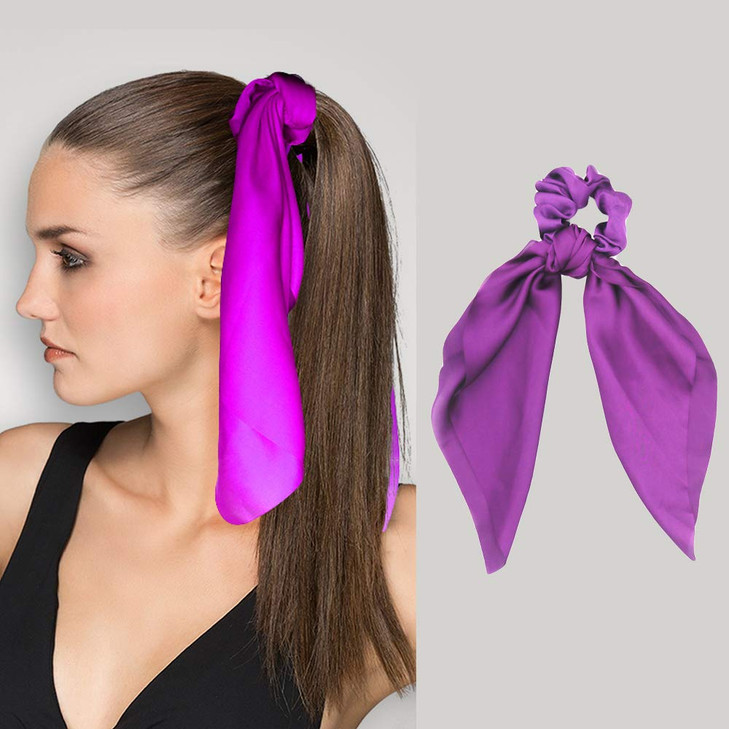 Silk Satin Hair Scrunchies with Bow and Elastic Ponytail Holders 6 Solid Colors