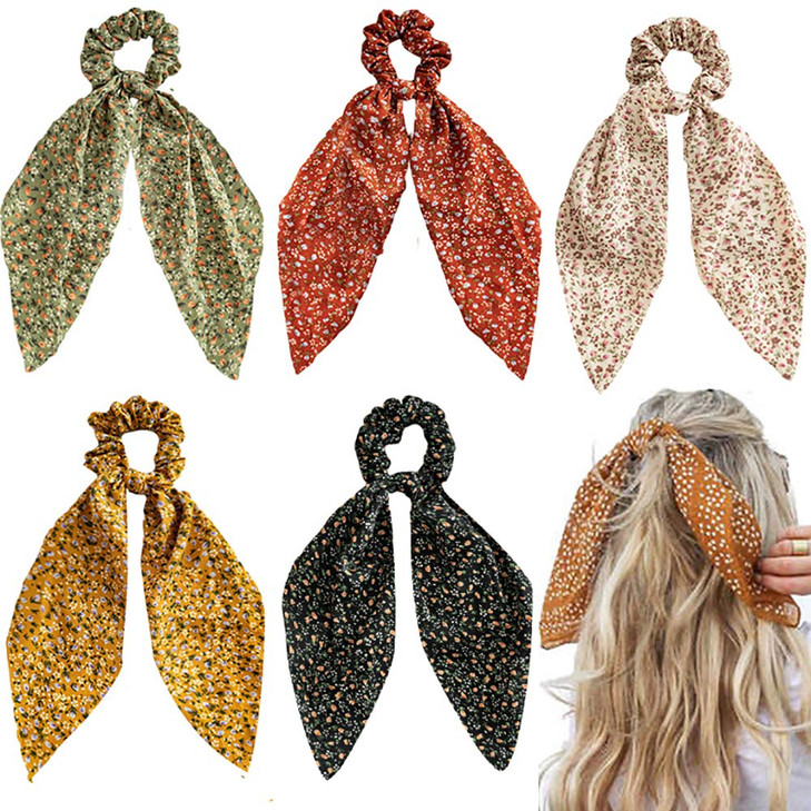 Chiffon Floral Hair Scarf with Ribbon Bows for Women and Girls 5 Pcs Scrunchies with Ponytail Holders
