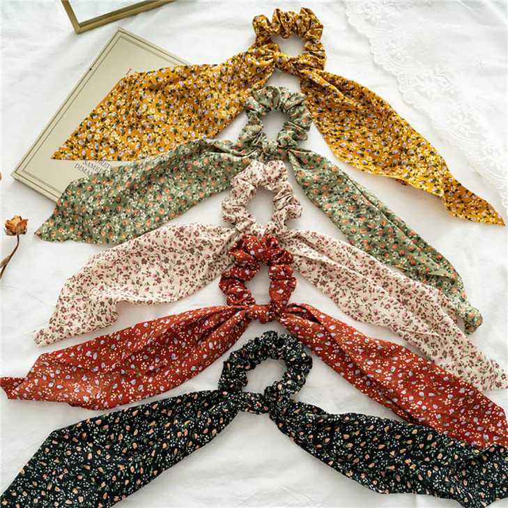 Chiffon Floral Hair Scarf with Ribbon Bows for Women and Girls 5 Pcs Scrunchies with Ponytail Holders
