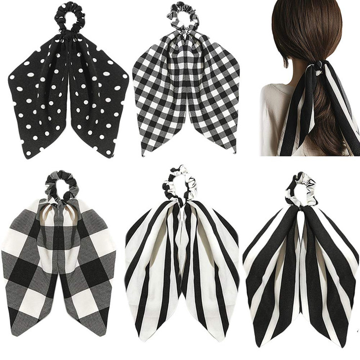 DINPREY Womens Scrunchies for Hair Black Yellow Scarf Scrunchies with Tail Stripe Plaid Elastic Hair Scarf 5 Count black