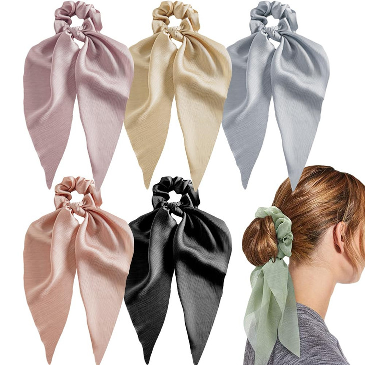 Soft Ribbed Chiffon Scrunchies and Hair Ties with Bows for Women and Girls Black Beige 5Pcs Set for Long Hair Ponytails