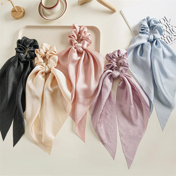 Soft Ribbed Chiffon Scrunchies and Hair Ties with Bows for Women and Girls Black Beige 5Pcs Set for Long Hair Ponytails