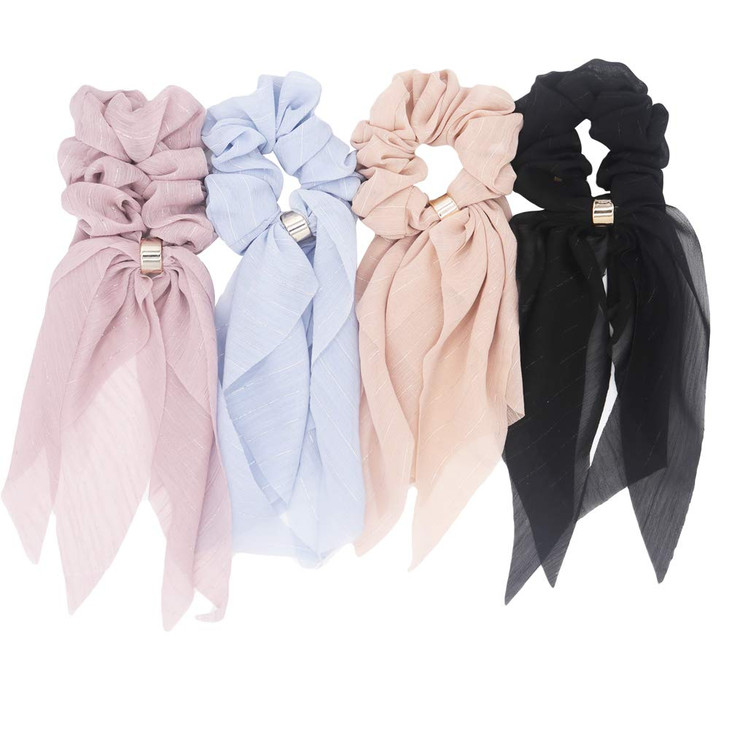 DINPREY Hair Scarfs for Women Girls 8 Pcs Double Layer Bow Scrunchies for Hair Bunny Ear Scrunchies with Assorted Colors