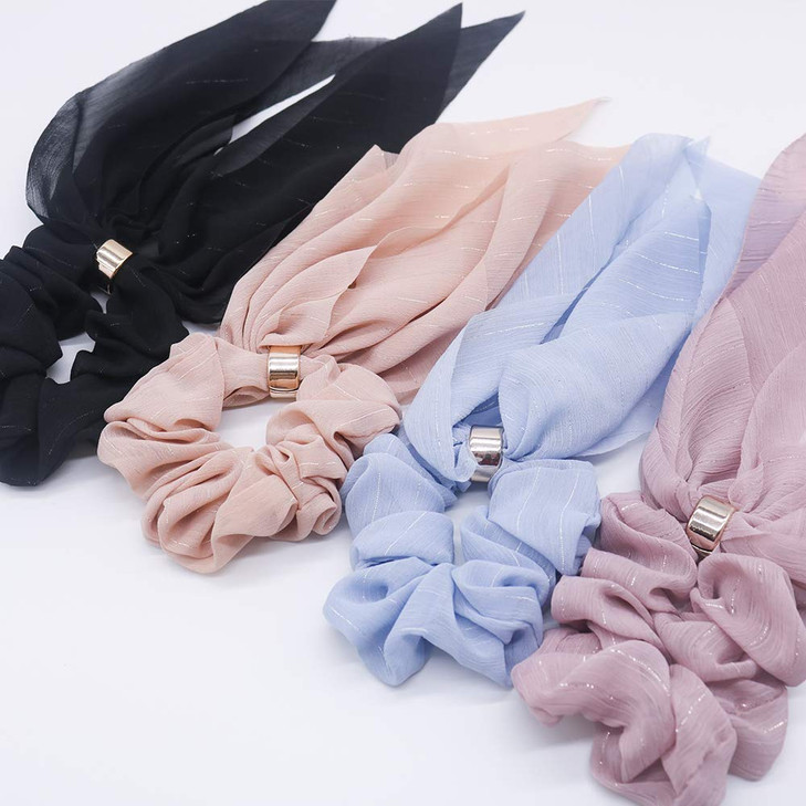 DINPREY Hair Scarfs for Women Girls 8 Pcs Double Layer Bow Scrunchies for Hair Bunny Ear Scrunchies with Assorted Colors