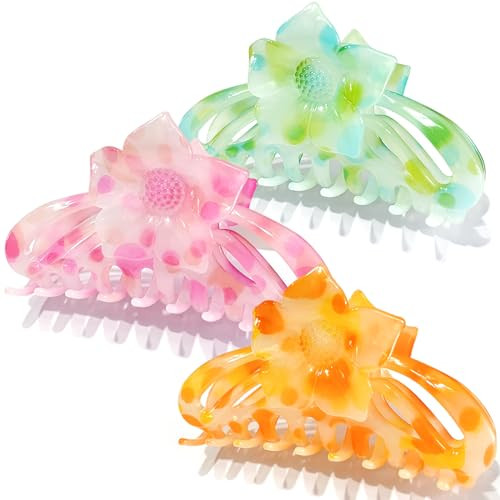 Miniluck Flower Hair Claw Clips 3PCS Big Clips for WomenGirls Cute Nonslip Medium Colorful Hawaiian Flower Clips with St