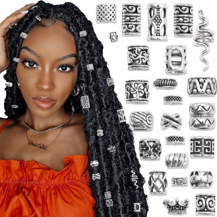 NAISKA 26PCS Silver Hair Beads Loc Jewelry Dreadlocks Accessories DIY Braids Rings Cuffs and Clips for Women and Men