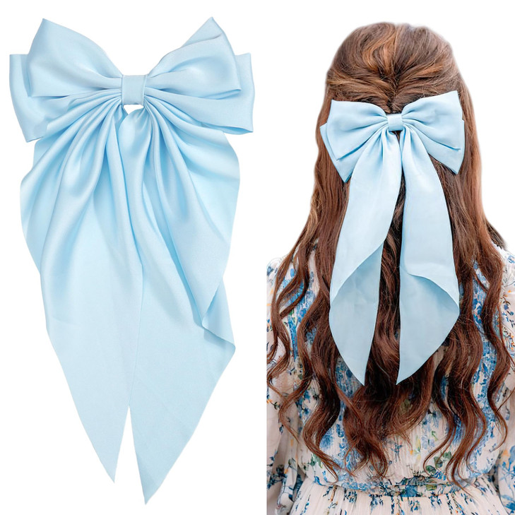 JOYOYO Hair Clip 1Pcs Silky Satin Large Hair Bow Ribbon Clips for Women and Girls Giant Long Bow Hair Clips Ponytail Hol