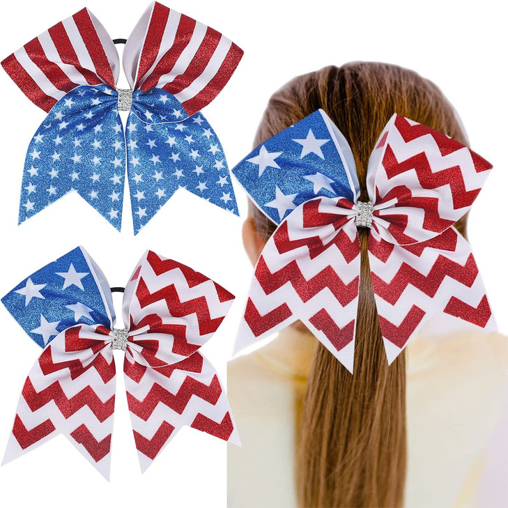 2PCS 8 Inch American Flag Glitter Ribbon Hair Accessories with Elastic Bands Patriotic 4th of July Hair Ties for Teens K