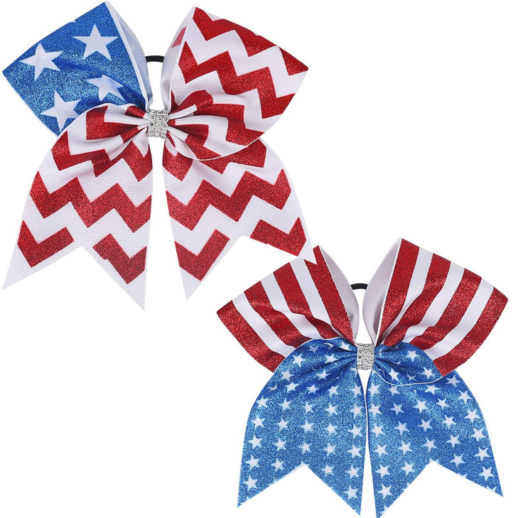 2PCS 8 Inch American Flag Glitter Ribbon Hair Accessories with Elastic Bands Patriotic 4th of July Hair Ties for Teens K