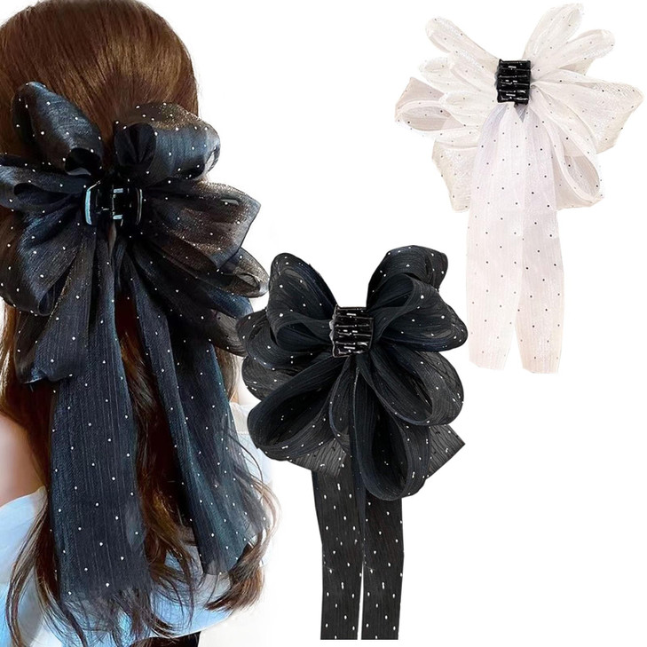 Jaczora 2 PCS Chiffon Silk Hair Clip with Rhinestone Large Hair Jaw Clips Fabric Floral Bows Hair Accessories for Women