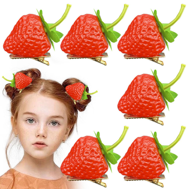 Jaczora 6 PCS Strawberry Hair Clips Realistic Fruit Hair Barrettes for Girls Cute Hairpin with Bow Hair Accessories for