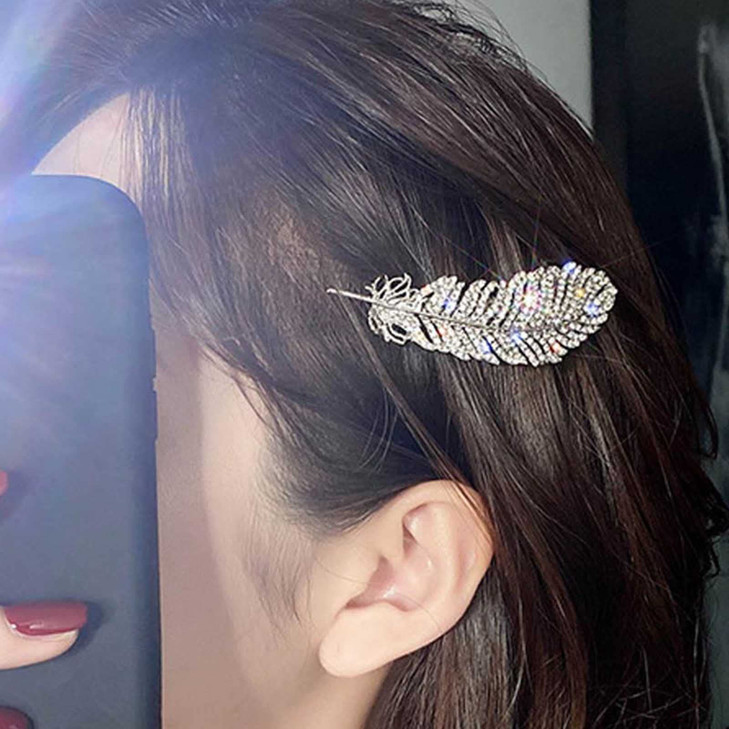 YienDoo Crystal Feather Hair Clip Barrette Silver Sparkling Rhinestone Feather Hairpin Barrette NonSlip Elegant Duckbill