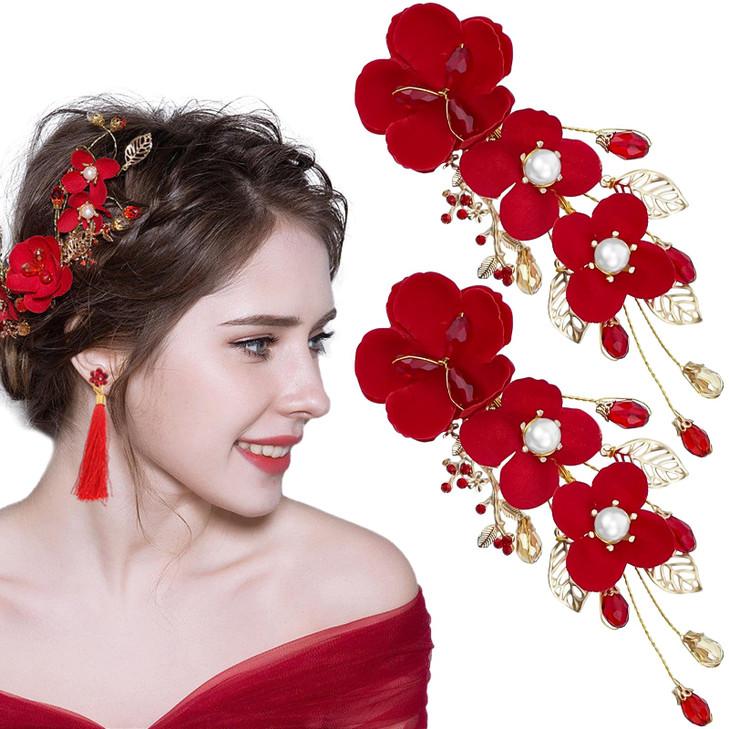 2 Pack Red Flower Hair Clips Rose Floral Bridal Hairpins Crystal Pearl Flower Bride Headpiece Red Wedding Accessories fo