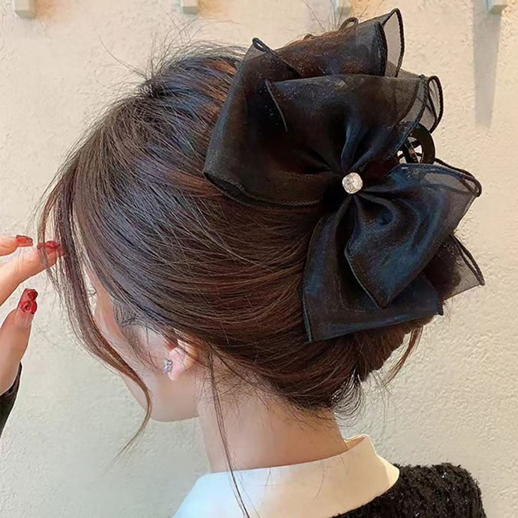 Black Tulle Bow Hair Clip with Rhinestones Large Claw Hair Accessory for Thick Hair Ponytails Chiffon Bow and Mesh Bowkn