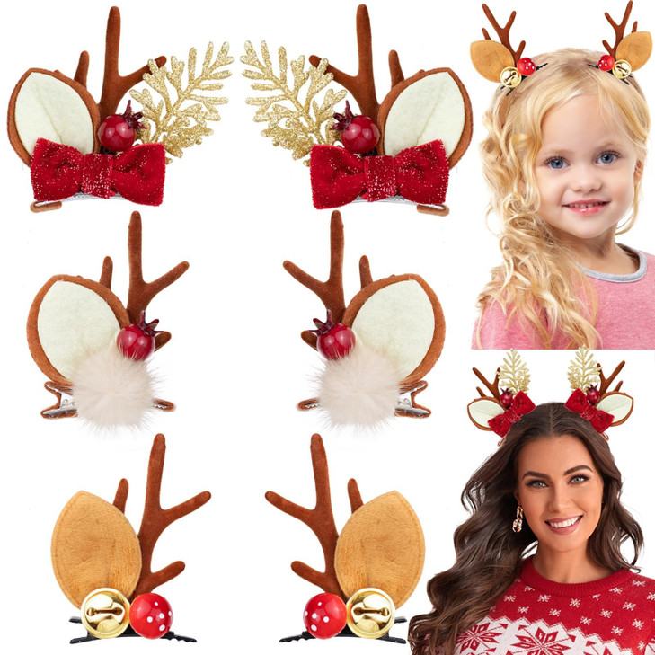 SHEHARUHI 3 Pairs Christmas Hair Clips Cute Reindeer Antlers Ears Holiday Headpiece Hair Accessories Headbands for Women