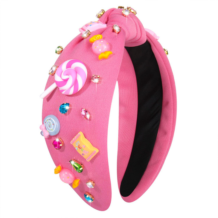 Knotted Headband for Women Lollipop Candy Charms Crystal Jeweled Embellished Top Knot Hairband Statement Wide Turban Hai