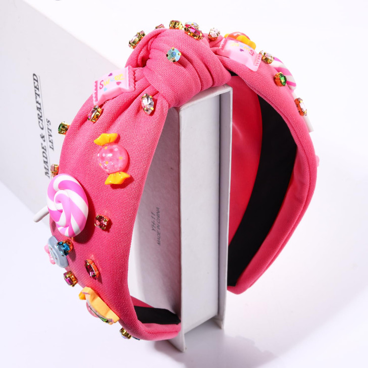 Knotted Headband for Women Lollipop Candy Charms Crystal Jeweled Embellished Top Knot Hairband Statement Wide Turban Hai