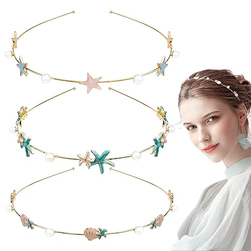 DonLeeving 3 Pack Rhinestone Crystal Starfish Mermaid Headbands Handmade Pearl Seashell Fashion Beaded Gold Metal Headdr