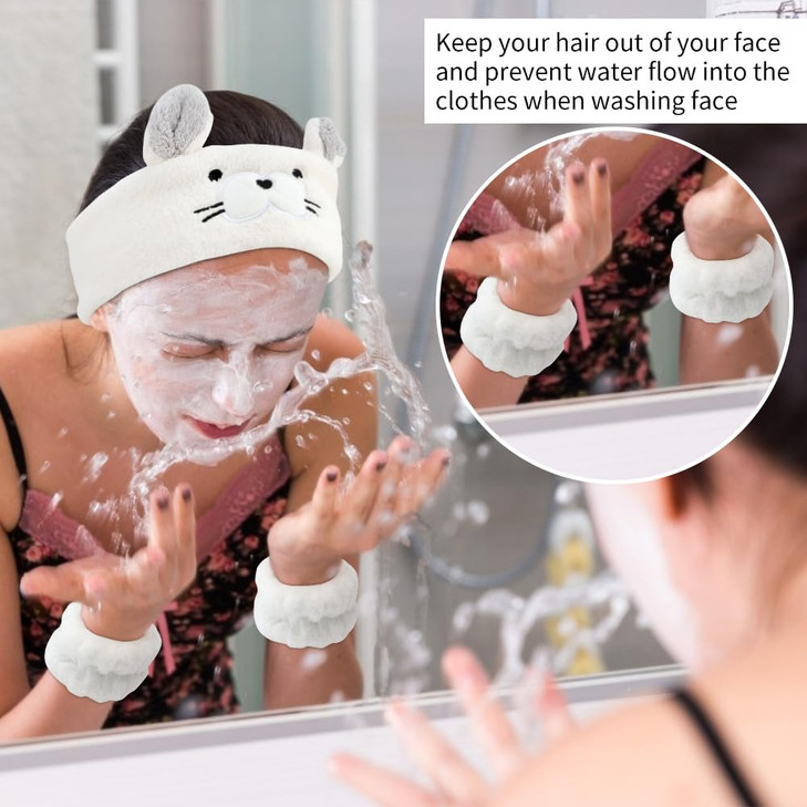 AHONEY Face Wash Headband and Wristband Set Cute Makeup Spa Skincare Headbands Wrist Bands for Washing Face Headband for