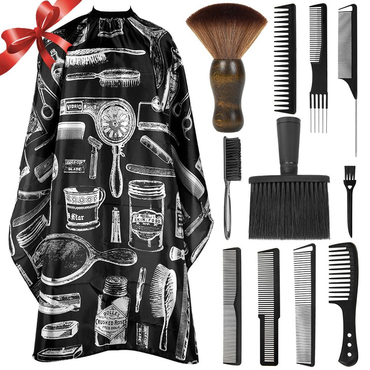 12PCS Hair Cutting Comb Set Barber Combs for Men Stylists Barber Cape with Adjustable Neck Size Neck Duster Brush