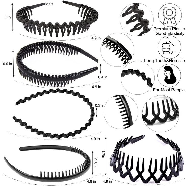 LAPOHI 10 pcs Non Slip Fashion Effortless Plastic Headbands with Teeth Skinny Hair Accessories Bands Combs for Women Men