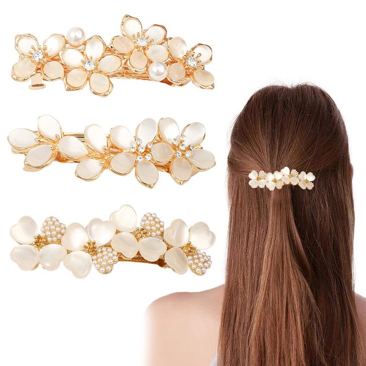 3 PCS Vintage Rhinestone Hair Accessories Opal Flower Clips Barrettes and Crystal Decorations for Women