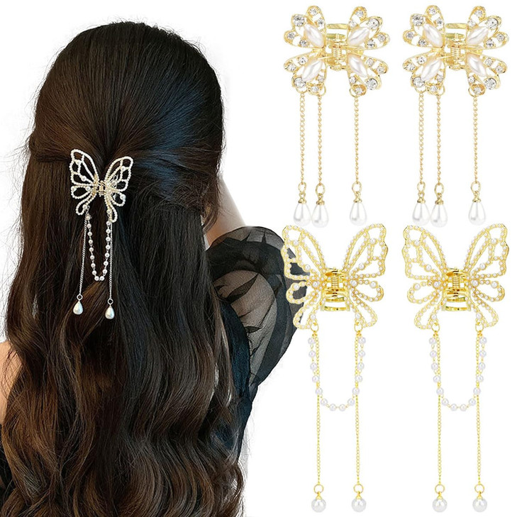 GeoGeoDIY 4 PCS Butterfly Tassel Hair Clip Set Mini Metal Hair Clips with Charms Non Slip Hair Clamps for Women Girls