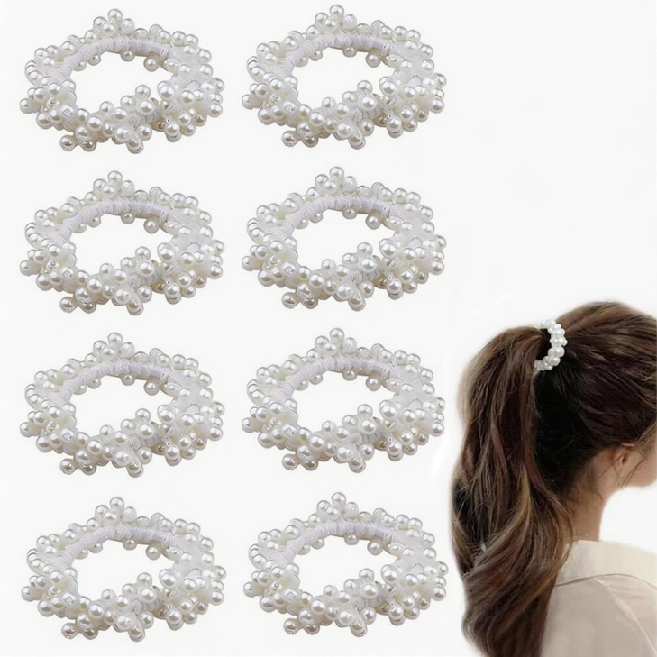 8 PCS Pearl Hair Ties White Elastic Scrunchie Stretch Ponytail Holders Fancy Beaded Thin Hair Bands Elegant Stylish Bead