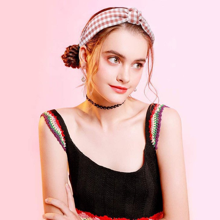 VELSCRUN 5 Pcs Knotted Vintage Womens Wide Buffalo Plaid Hair Knot Headbands in 5 Colors