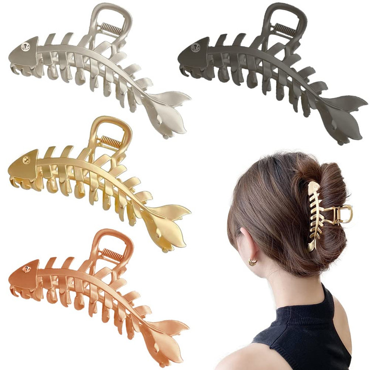 KuuGuu 4 PCS Fish Bone Shape Hair Claw Clips Large Metal NonSlip Hair Clip Stylish Elegant Hair Accessories for Thick Th