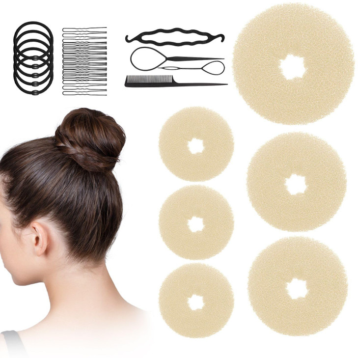 Hair Bun Maker Set with Ring Donuts 1 L 2 M 3 S Shaper Accessories 20 Bobby Pins 5 Elastic Bands 4 Pony Tools for Women
