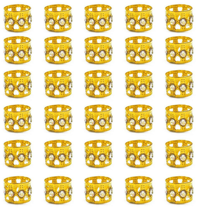 Hyamass 30pcs Gold Hair Accessories Rhinestone Aluminum Dreadlocks Beads with Adjustable Cuffs Metal Hair Ring Clips Hai