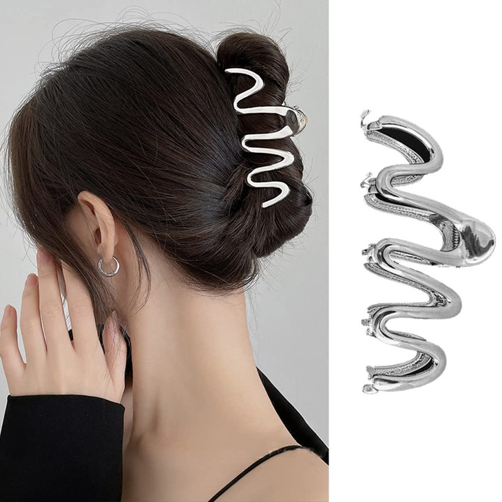 ROMODIYA 1Pcs Metal Sliver Hair Claw Clips for Thick and Long Hair Irregular Wave Design Simple Hair Styling Clips for W
