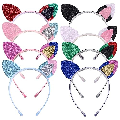 Fishdown Rainbow Cat Ears Headband 8 Pack Glitter Cat Ears for Kids Girls Daily Wearing and Party Decorations