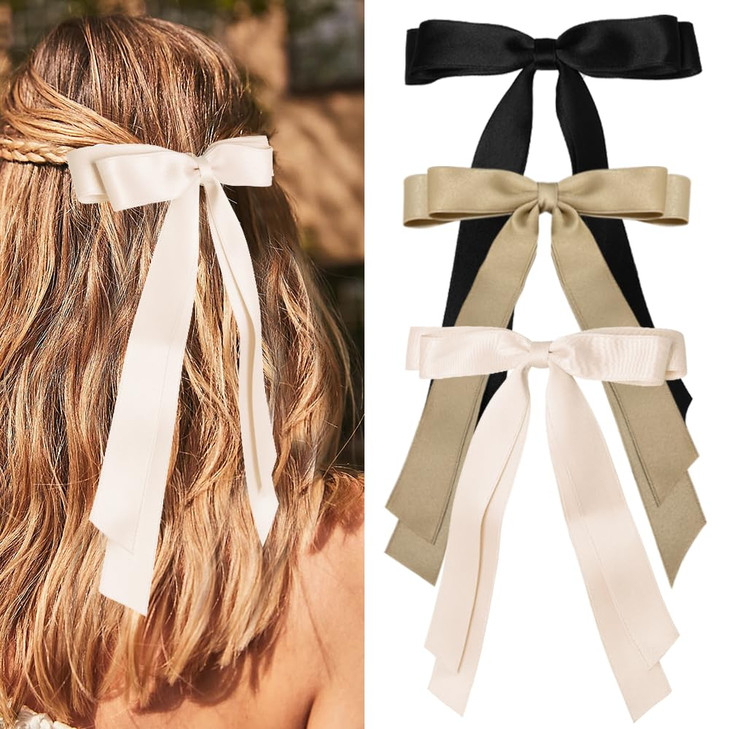 Bmobuo Hair Clip 3Pcs Satin Bows for Hair Hair Ribbons for Women in Beige Black Champagne