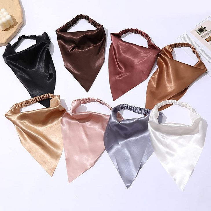 DINPREY Short style Elastic Hair Scarf Headbands Silk Hair Bandanas Scarf Solid Head Kerchief Headbands with Clips for W
