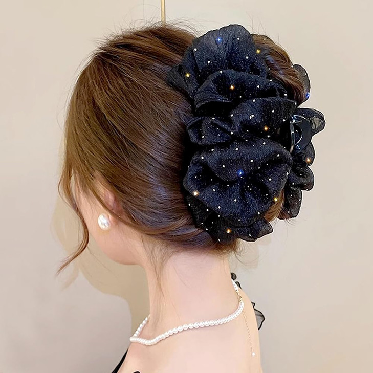 Myhiju Hair Clip Black Chiffon Mesh Tulle Rhinestone Bow Hair Clip Strong Hold Silk Bowknot Claw Clip for Women Hair Acc