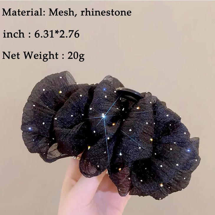 Myhiju Hair Clip Black Chiffon Mesh Tulle Rhinestone Bow Hair Clip Strong Hold Silk Bowknot Claw Clip for Women Hair Acc