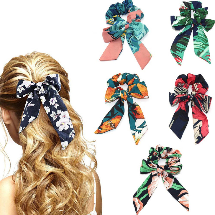 Tropical Travel Style Scrunchy Hair Rope TiesRibbon Bow Scrunchies Elastics Hair BandsSoft Scarf Hair Ties Bowknot Ponyt