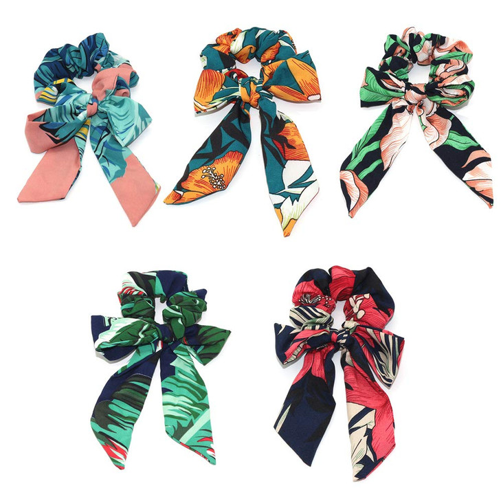 Tropical Travel Style Scrunchy Hair Rope TiesRibbon Bow Scrunchies Elastics Hair BandsSoft Scarf Hair Ties Bowknot Ponyt