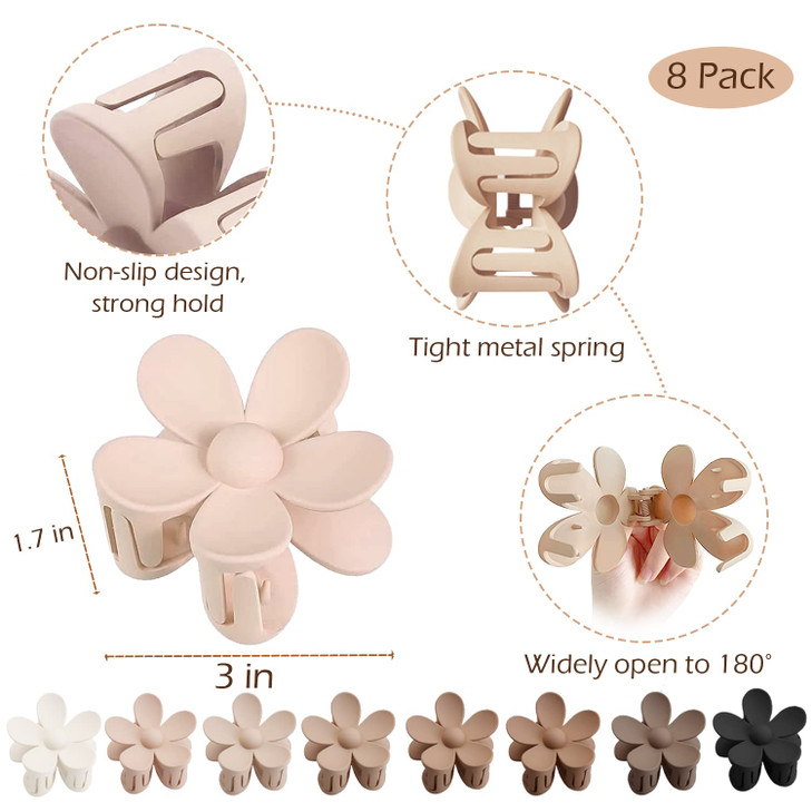 Flower Hair Clips 8PCS Large Claw Clips for Women Girls Thick Thin Hair Strong Hold Non slip Big Matte Dasiy Jaw Clamps